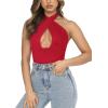 imageREORIA Butsmooth Womens Trendy Sexy Criss Cross Halter Neck Sleeveless Thong Bodysuits Tops ClubwearRed