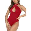 imageREORIA Butsmooth Womens Trendy Sexy Criss Cross Halter Neck Sleeveless Thong Bodysuits Tops ClubwearRed