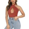 imageREORIA Butsmooth Womens Trendy Sexy Criss Cross Halter Neck Sleeveless Thong Bodysuits Tops ClubwearRusty Red
