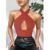 imageREORIA Butsmooth Womens Trendy Sexy Criss Cross Halter Neck Sleeveless Thong Bodysuits Tops ClubwearRusty Red