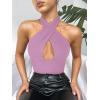 imageREORIA Butsmooth Womens Trendy Sexy Criss Cross Halter Neck Sleeveless Thong Bodysuits Tops ClubwearViolet