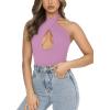 imageREORIA Butsmooth Womens Trendy Sexy Criss Cross Halter Neck Sleeveless Thong Bodysuits Tops ClubwearViolet