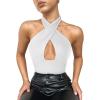 imageREORIA Butsmooth Womens Trendy Sexy Criss Cross Halter Neck Sleeveless Thong Bodysuits Tops ClubwearWhite