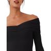 imageREORIA Womens Long Sleeve ObliqueShoulder Double Layer Ruched Sexy Bodysuit 2025 FallWinter Designer CollectionBlack