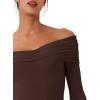 imageREORIA Womens Long Sleeve ObliqueShoulder Double Layer Ruched Sexy Bodysuit 2025 FallWinter Designer CollectionCocoa