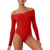 imageREORIA Womens Long Sleeve ObliqueShoulder Double Layer Ruched Sexy Bodysuit 2025 FallWinter Designer CollectionRed