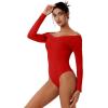 imageREORIA Womens Long Sleeve ObliqueShoulder Double Layer Ruched Sexy Bodysuit 2025 FallWinter Designer CollectionRed