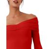 imageREORIA Womens Long Sleeve ObliqueShoulder Double Layer Ruched Sexy Bodysuit 2025 FallWinter Designer CollectionRed