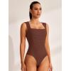 imageREORIA Womens Square Neck Body Suit Sleeveless Sexy Mesh Ruched Bodysuits Tank Tops 2025 SpringSummer Designer CollectionBrownout
