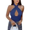 imageREORIA Butsmooth Womens Trendy Sexy Criss Cross Halter Neck Sleeveless Thong Bodysuits Tops ClubwearDeep Blue