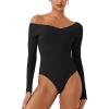 imageREORIA Womens Long Sleeve ObliqueShoulder Double Layer Ruched Sexy Bodysuit 2025 FallWinter Designer CollectionBlack