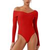 imageREORIA Womens Long Sleeve ObliqueShoulder Double Layer Ruched Sexy Bodysuit 2025 FallWinter Designer CollectionRed