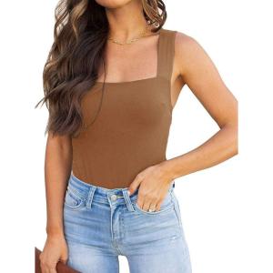 imageREORIA Butsmooth Womens Basic Sexy Square Neck Sleeveless Tank Tops Bodysuits ClubwearBrown