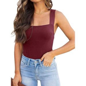 imageREORIA Butsmooth Womens Basic Sexy Square Neck Sleeveless Tank Tops Bodysuits ClubwearBurgundy