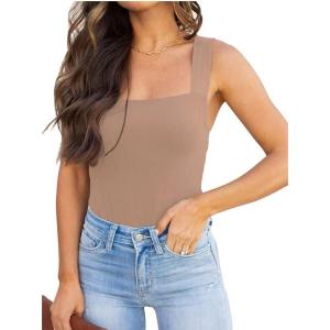 imageREORIA Butsmooth Womens Basic Sexy Square Neck Sleeveless Tank Tops Bodysuits ClubwearKhaki