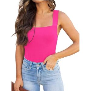 imageREORIA Butsmooth Womens Basic Sexy Square Neck Sleeveless Tank Tops Bodysuits ClubwearNeon Rose Red