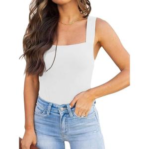 imageREORIA Butsmooth Womens Basic Sexy Square Neck Sleeveless Tank Tops Bodysuits ClubwearWhite
