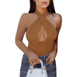 imageREORIA Butsmooth Womens Trendy Sexy Criss Cross Halter Neck Sleeveless Thong Bodysuits Tops ClubwearBrown