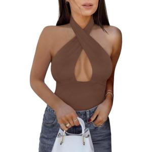 imageREORIA Butsmooth Womens Trendy Sexy Criss Cross Halter Neck Sleeveless Thong Bodysuits Tops ClubwearCoffee