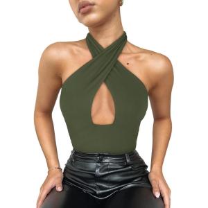 imageREORIA Butsmooth Womens Trendy Sexy Criss Cross Halter Neck Sleeveless Thong Bodysuits Tops ClubwearDark Green