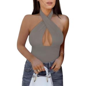 imageREORIA Butsmooth Womens Trendy Sexy Criss Cross Halter Neck Sleeveless Thong Bodysuits Tops ClubwearDeep Grey