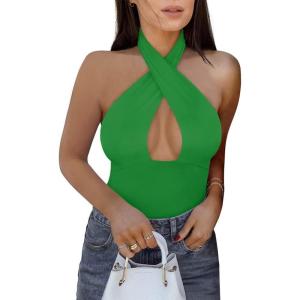 imageREORIA Butsmooth Womens Trendy Sexy Criss Cross Halter Neck Sleeveless Thong Bodysuits Tops ClubwearGreen