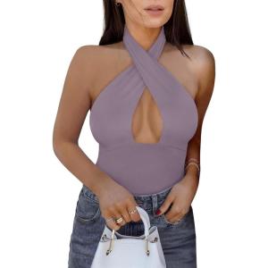 imageREORIA Butsmooth Womens Trendy Sexy Criss Cross Halter Neck Sleeveless Thong Bodysuits Tops ClubwearHazy Lilac