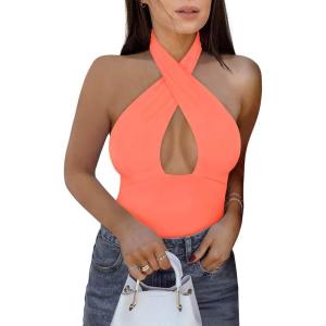 imageREORIA Butsmooth Womens Trendy Sexy Criss Cross Halter Neck Sleeveless Thong Bodysuits Tops ClubwearNeon Pink