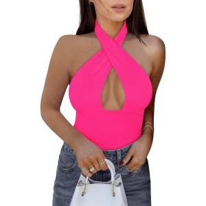 imageREORIA Butsmooth Womens Trendy Sexy Criss Cross Halter Neck Sleeveless Thong Bodysuits Tops ClubwearNeon Rose Red