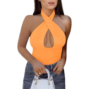 imageREORIA Butsmooth Womens Trendy Sexy Criss Cross Halter Neck Sleeveless Thong Bodysuits Tops ClubwearOrange