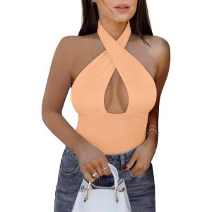 imageREORIA Butsmooth Womens Trendy Sexy Criss Cross Halter Neck Sleeveless Thong Bodysuits Tops ClubwearPeach Fuzz