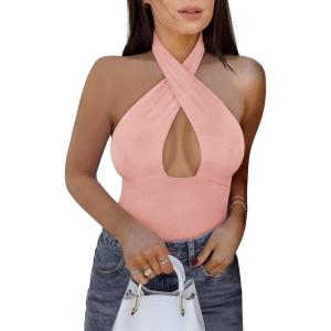 imageREORIA Butsmooth Womens Trendy Sexy Criss Cross Halter Neck Sleeveless Thong Bodysuits Tops ClubwearPink