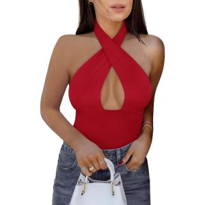 imageREORIA Butsmooth Womens Trendy Sexy Criss Cross Halter Neck Sleeveless Thong Bodysuits Tops ClubwearRed