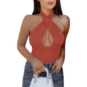 imageREORIA Butsmooth Womens Trendy Sexy Criss Cross Halter Neck Sleeveless Thong Bodysuits Tops ClubwearRusty Red