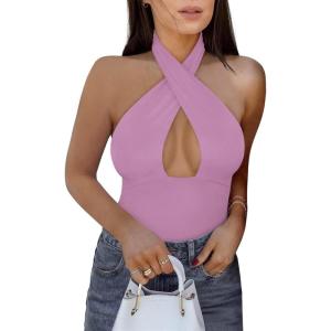 imageREORIA Butsmooth Womens Trendy Sexy Criss Cross Halter Neck Sleeveless Thong Bodysuits Tops ClubwearViolet