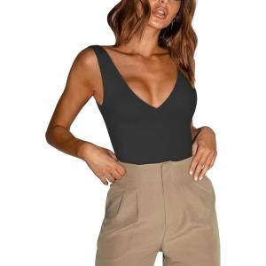 imageREORIA Butsmooth Womens Trendy Sexy Plunge Deep V Neck Sleeveless V Backless Going Out Tank Bodysuits TopsBlack