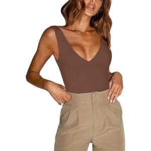 imageREORIA Butsmooth Womens Trendy Sexy Plunge Deep V Neck Sleeveless V Backless Going Out Tank Bodysuits TopsCoffee