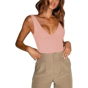 imageREORIA Butsmooth Womens Trendy Sexy Plunge Deep V Neck Sleeveless V Backless Going Out Tank Bodysuits TopsPink