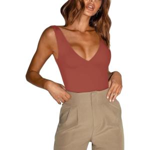 imageREORIA Butsmooth Womens Trendy Sexy Plunge Deep V Neck Sleeveless V Backless Going Out Tank Bodysuits TopsRusty Red