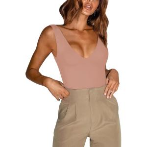 imageREORIA Butsmooth Womens Trendy Sexy Plunge Deep V Neck Sleeveless V Backless Going Out Tank Bodysuits TopsSienna