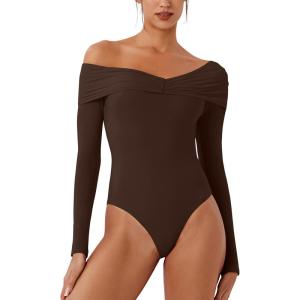 imageREORIA Womens Long Sleeve ObliqueShoulder Double Layer Ruched Sexy Bodysuit 2025 FallWinter Designer CollectionCocoa