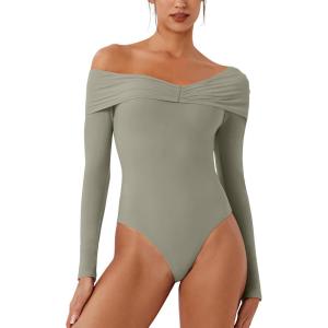 imageREORIA Womens Long Sleeve ObliqueShoulder Double Layer Ruched Sexy Bodysuit 2025 FallWinter Designer CollectionGrayish Green