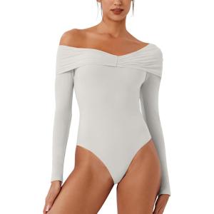 imageREORIA Womens Long Sleeve ObliqueShoulder Double Layer Ruched Sexy Bodysuit 2025 FallWinter Designer CollectionGrey