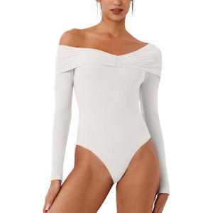 imageREORIA Womens Long Sleeve ObliqueShoulder Double Layer Ruched Sexy Bodysuit 2025 FallWinter Designer CollectionOffwhite