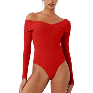 imageREORIA Womens Long Sleeve ObliqueShoulder Double Layer Ruched Sexy Bodysuit 2025 FallWinter Designer CollectionRed