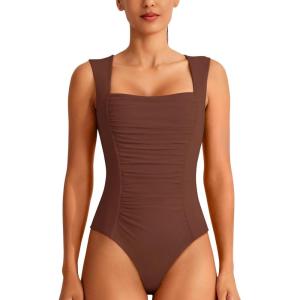 imageREORIA Womens Square Neck Body Suit Sleeveless Sexy Mesh Ruched Bodysuits Tank Tops 2025 SpringSummer Designer CollectionBrownout