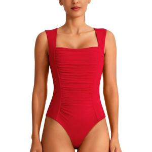 imageREORIA Womens Square Neck Body Suit Sleeveless Sexy Mesh Ruched Bodysuits Tank Tops 2025 SpringSummer Designer CollectionGoji Berry