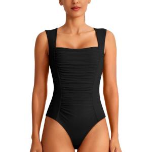 imageREORIA Womens Square Neck Body Suit Sleeveless Sexy Mesh Ruched Bodysuits Tank Tops 2025 SpringSummer Designer CollectionJet Black