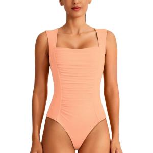 imageREORIA Womens Square Neck Body Suit Sleeveless Sexy Mesh Ruched Bodysuits Tank Tops 2025 SpringSummer Designer CollectionPeach Nectar