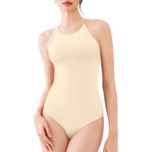 imageREORIA Womens Tie Strap Halter Bodysuit Sleeveless Round Neck tank tops bodysuit Outfit 2025 SpringSummer CollectionButtercream